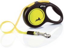 FLEXI New Neon Retractable Reflect Dog Leash (Tape), Ergonomic, Durable and Tangle Free Pet Walking Leash for Dogs, 10 ft, Extra Small, Neon/Black