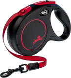FLEXI Special Edition New Classic Black Fire Retractable Dog Leash (Tape), Ergonomic, Durable and Tangle Free Pet Walking Leash for Dogs from 30 to 55 lbs, 16 ft, Medium, Black Red