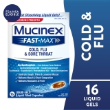 Mucinex Fast-Max Cold Flu and Sore Throat Relief OTC Cough Suppressant 16 Liquid Gels