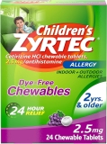 Zyrtec Childrens DyeFree Chewables 24H Allergy Relief 2.5mg Cetirizine HCl Tablets Kids Medicine Relieves Sneezing Itchy Nose Throat Grape 24 ct