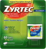 Zyrtec 24 Hour Allergy Relief Tablets Indoor Outdoor Medicine 10mg Cetirizine HCl Allergies 60 ct
