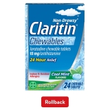 Claritin 24 Hour Non Drowsy Allergy Med Antihistamine Cool Mint Chewable Tablet 24 Ct