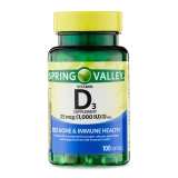 Spring Valley Vitamin D3 Bone Immune Health Supplement Softgels 25 Mcg 100 Count