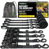 Rhino USA Heavy Duty Ratchet Straps 4-Pack - 1.6"x8' (5,208lb) - Tie Down Straps w/ S Hooks for Trucks, ATV, UTV - Black