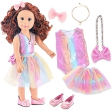 ZITA ELEMENT 18" American Doll with Clothes & Accessories - Rainbow Dress, Bow Bag, Shoes, Hairpin, Necklace for Kids