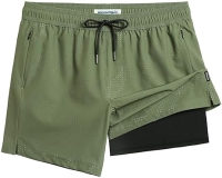 Baohui Fastion Maamgic Men's Swim Trunks with Compression Liner, Quick Dry Board Shorts - 5" Inseam, Zipper Pockets