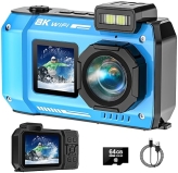 SPUNALP 8K Underwater Camera 70MP WiFi Waterproof with 64GB Card, Dual-Screen Selfie, 16X Zoom - Blue