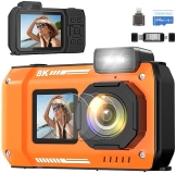GWAEPU 8K Waterproof Snorkeling Camera: 70MP Underwater Compact Rugged - Dual-Screen HD, 18X Zoom, Selfie - 64GB Card, 2500 mAh Battery - Orange